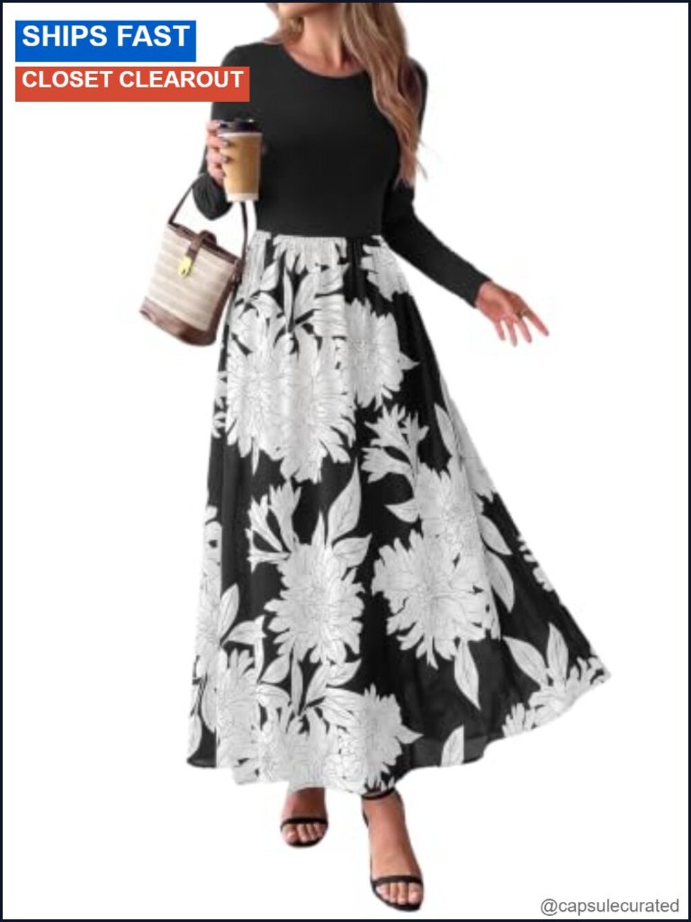 Boho Floral Flowy Maxi Dress Long Sleeve Fall Wedding Guest Modest A-Line